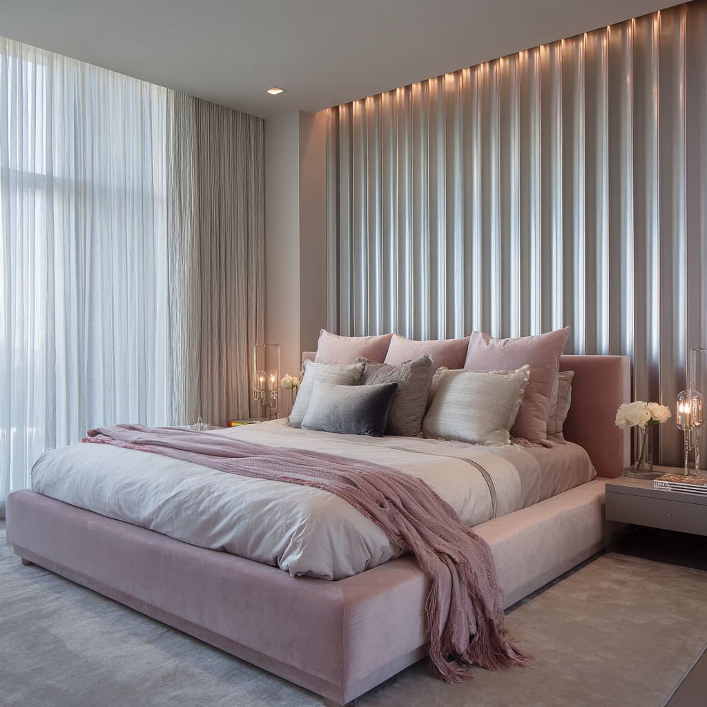 Fluted-silver wall with pooled ceiling highlights, blush platform, layered grey duvet with metallic-thread lumbar