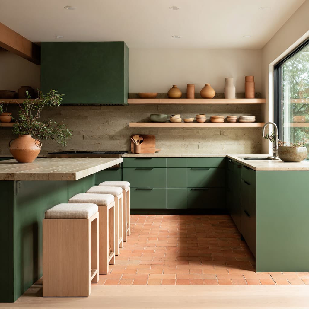 Forest-green kitchen concept with terracotta plank floor inset, pale stone counters, timber stools, layered earth-toned backsplash Forest-green kitchen concept with terracotta plank floor inset, pale stone counters, timber stools, layered earth-toned backsplash