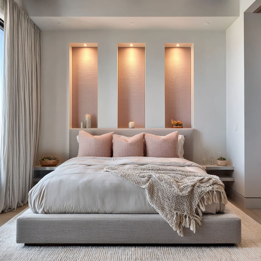 Gallery-like pink niches with subtle shimmer, floating shelves, woven grey bed, cloud-soft duvet, sandy fringe throw