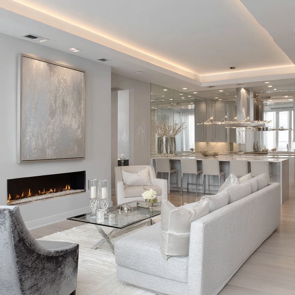 Glamorous silver living room design with mirrored wall, glass coffee table, silver-leaf artwork