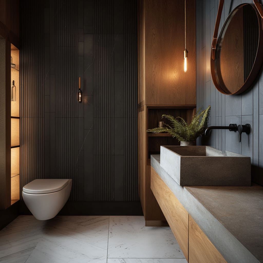 Graphite and oak powder room concept featuring ribbed tiles, floating concrete-look vanity, black fixtures, pendant lighting