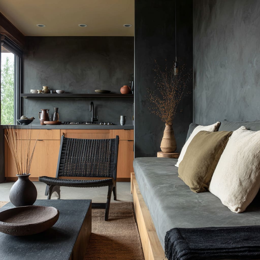 Graphite plaster living room concept with light timber bench-sofa, black woven accent chair, sharp black coffee table Graphite plaster living room concept with light timber bench-sofa, black woven accent chair, sharp black coffee table