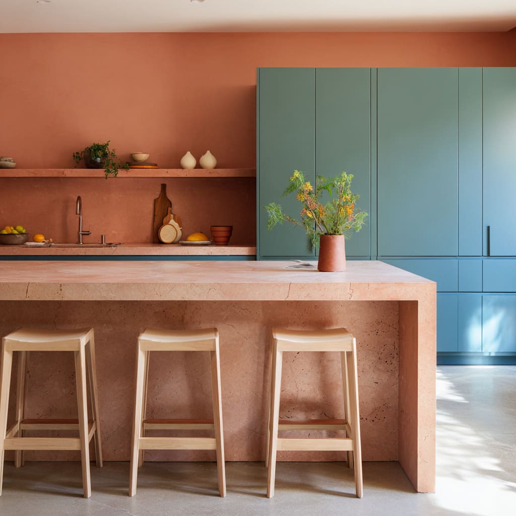 Green and terracotta kitchen concept with matte clay-plaster walls, a terracotta-wrapped island, pale stone countertop, blond-wood stools Green and terracotta kitchen concept with matte clay-plaster walls, a terracotta-wrapped island, pale stone countertop, blond-wood stools
