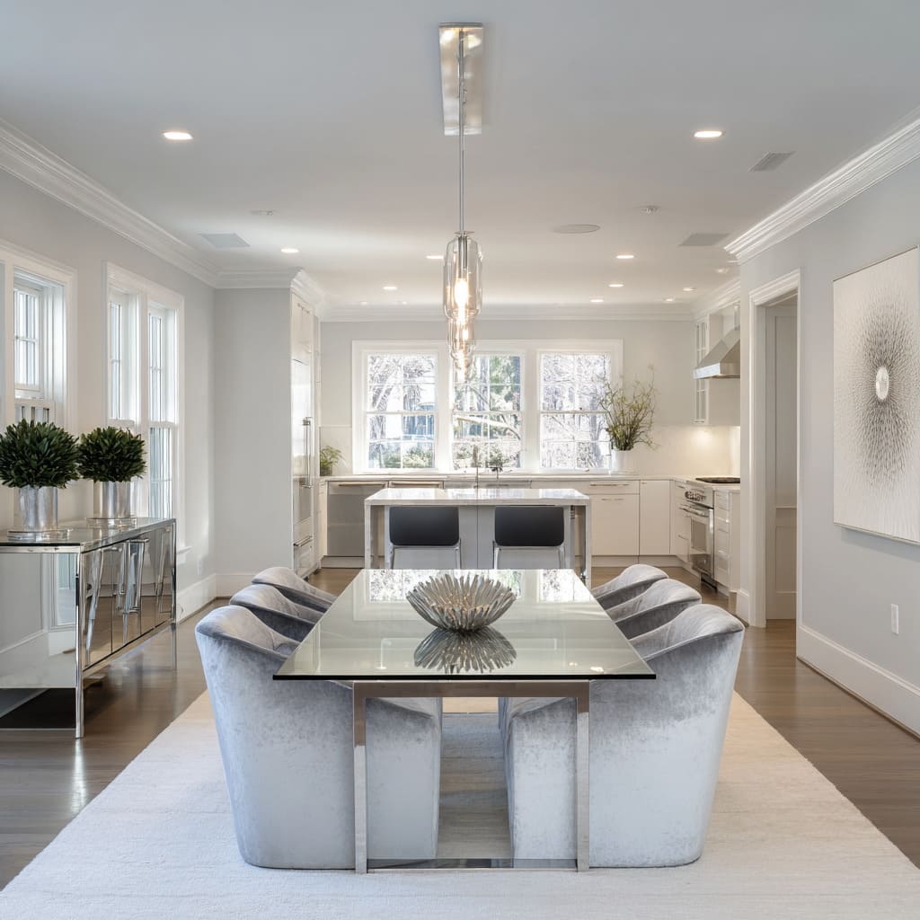 Grey dining room design with glass-top table, velvet chairs, mirrored console