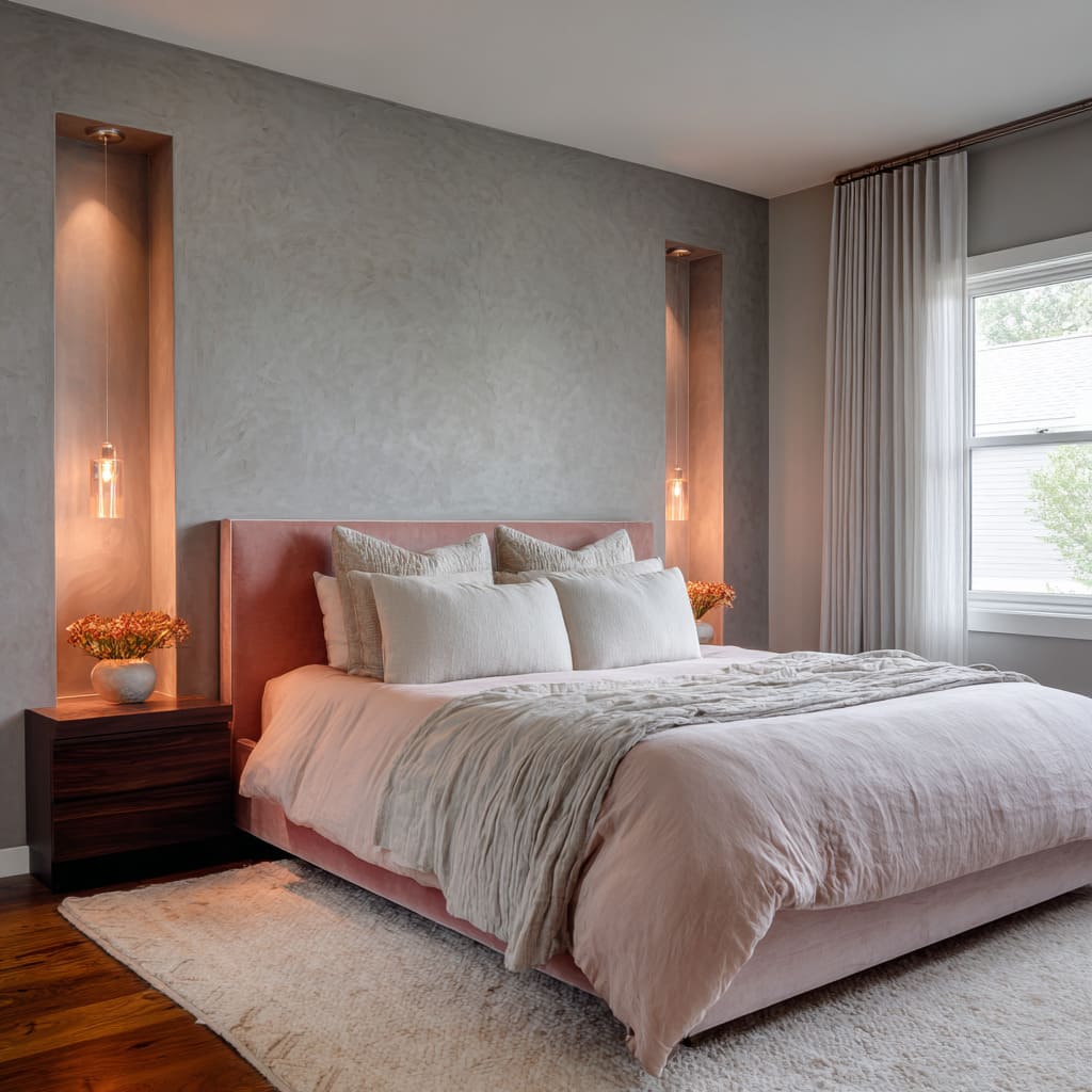 Grey plaster design with two blush-lit alcoves bookending a soft rose bed, oatmeal duvet, tall ivory pillows, walnut nightstands