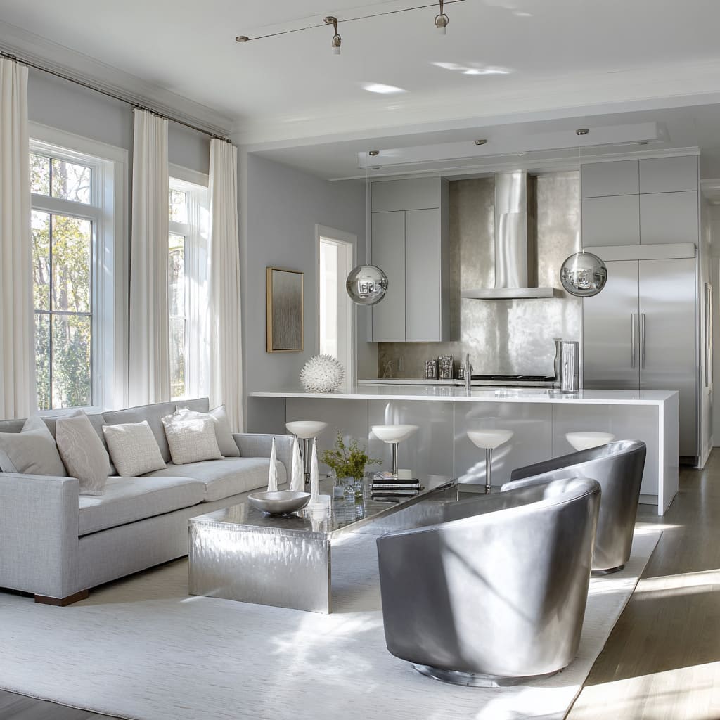 High-end grey living room design with mirror-polished coffee table, brushed silver chairs, matte grey sofaLuxury silver living room with mirror-polished coffee table