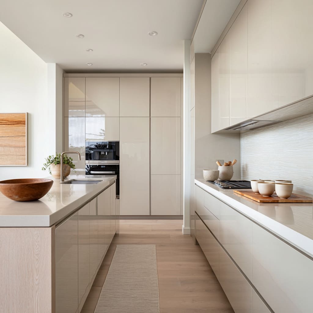 High-gloss finish sand kitchen ideas in a long galley layout, pale stone counters, subtle textured backsplash, wood-based island High-gloss finish sand kitchen ideas in a long galley layout, pale stone counters, subtle textured backsplash, wood-based island