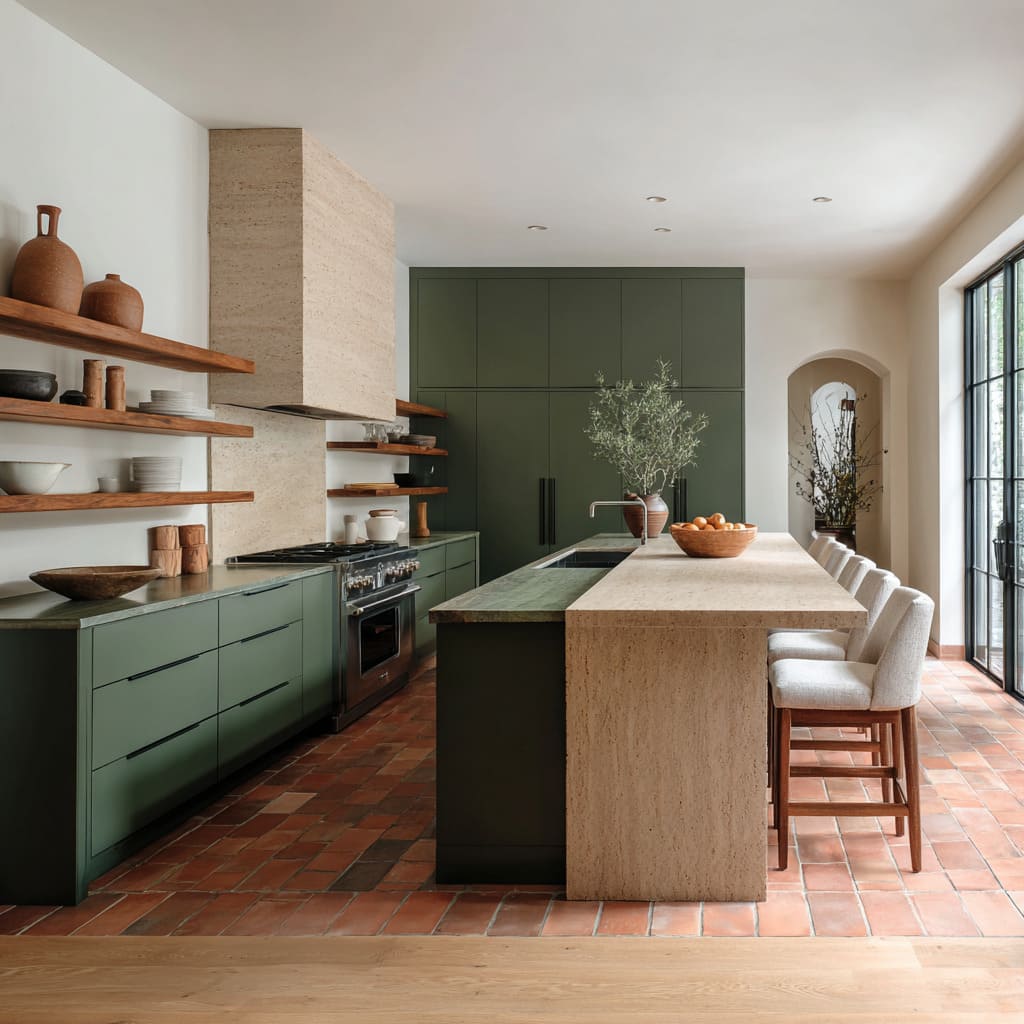 Hunter-green kitchen ideas with full terracotta brick floor, large travertine island with recessed green base Hunter-green kitchen ideas with full terracotta brick floor, large travertine island with recessed green base