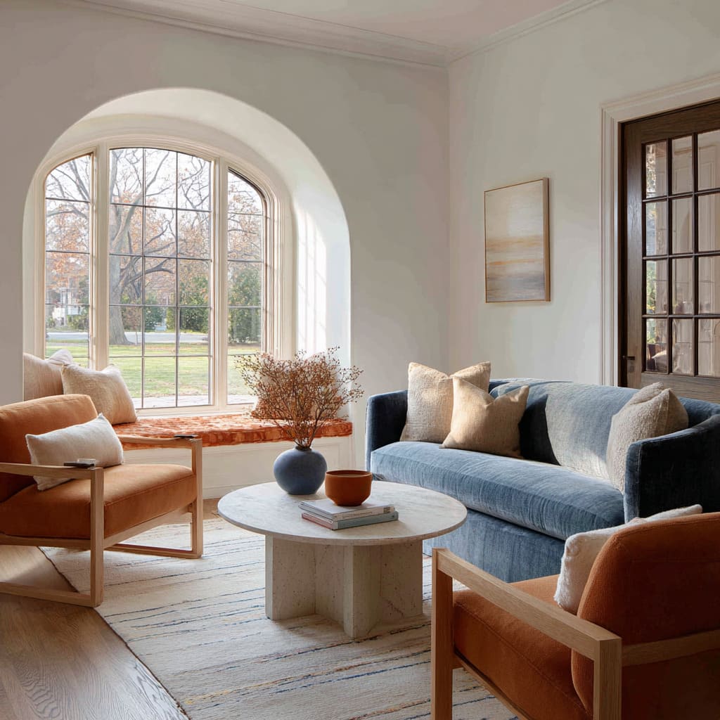Ideas with Terracotta window bench cushion under an arched cream window, blue velvet sofa with neutral pillows, pumpkin-terracotta armchairs Ideas with Terracotta window bench cushion under an arched cream window, blue velvet sofa with neutral pillows, pumpkin-terracotta armchairs