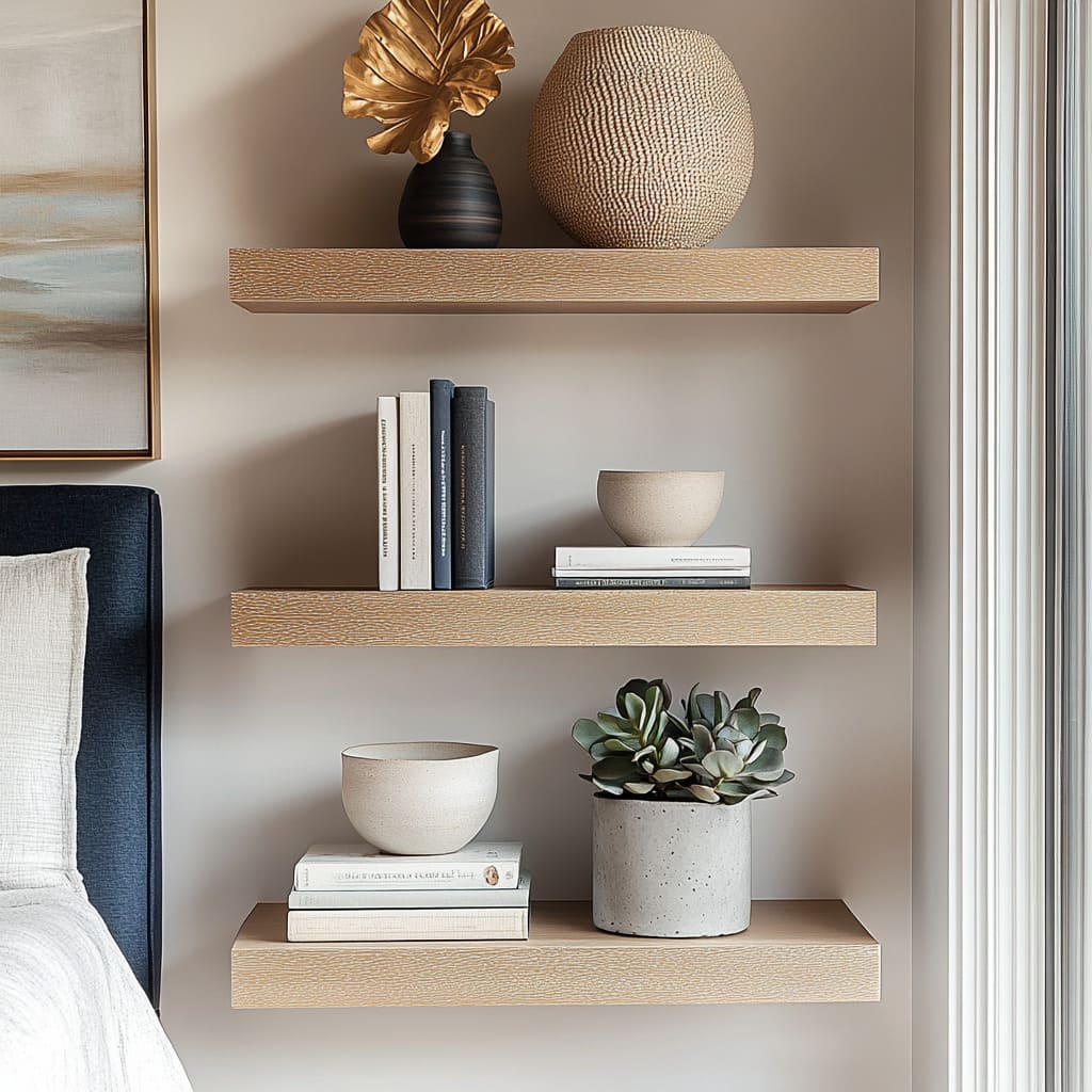 In this composition, three pale wood floating shelves line up in a narrow column beside a bed In this composition, three pale wood floating shelves line up in a narrow column beside a bed