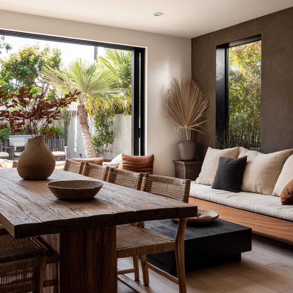 Indoor–outdoor dark boho family room concept with deep clay wall, creamy linen sofa, black coffee table, woven dining chairs Indoor–outdoor dark boho family room concept with deep clay wall, creamy linen sofa, black coffee table, woven dining chairs