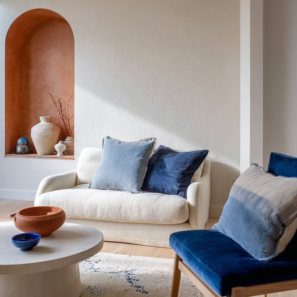 Interior concept with an arched terracotta niche with clay vessels and a small blue orb, cream boucle loveseat with blue cushions Interior concept with an arched terracotta niche with clay vessels and a small blue orb, cream boucle loveseat with blue cushions