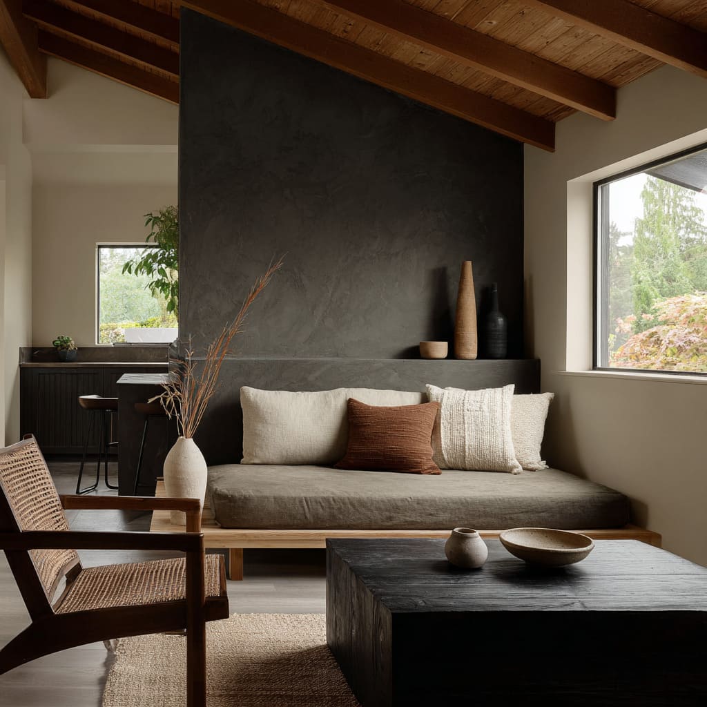 Intimate dark boho niche idea with deep clay feature wall, sloped timber ceiling, olive-brown bench sofa Intimate dark boho niche idea with deep clay feature wall, sloped timber ceiling, olive-brown bench sofa