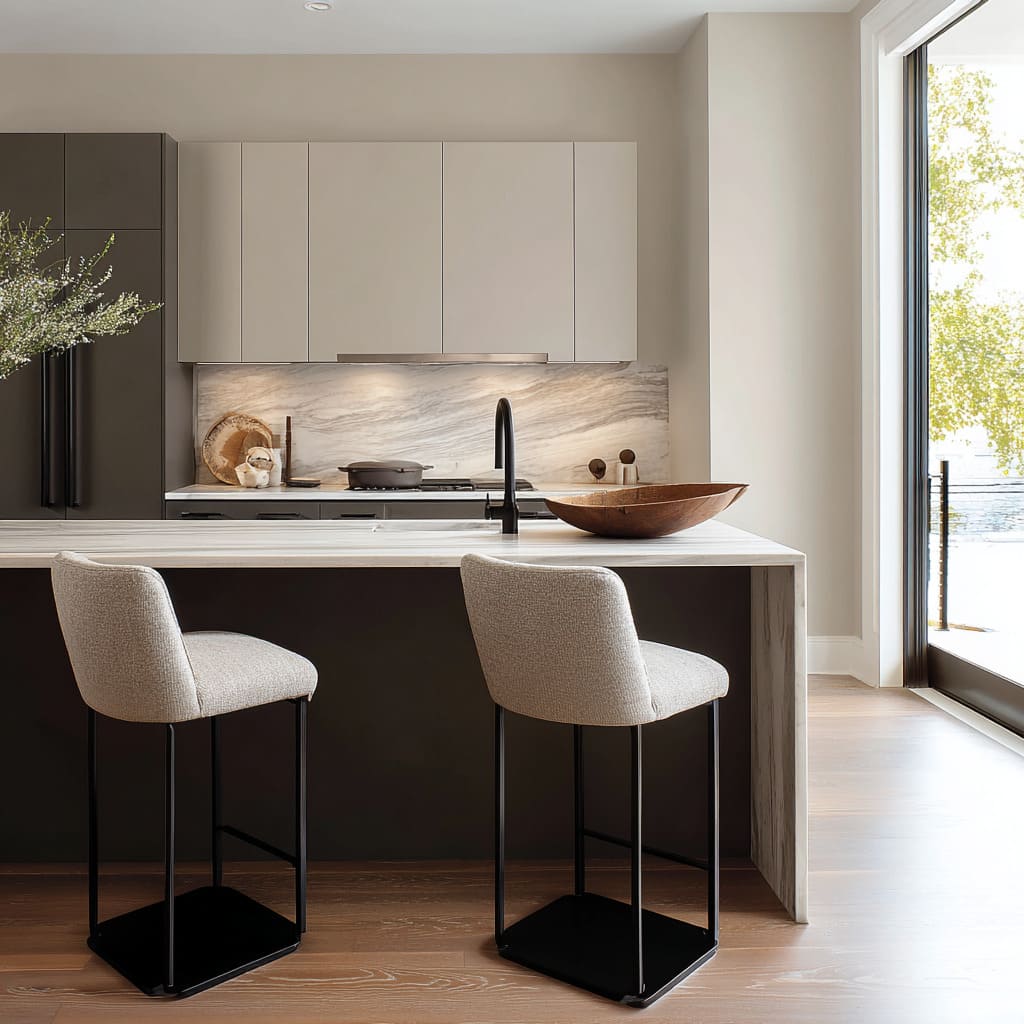 Ivory basketweave kitchen stool concept with compact oval forms set at a thin-edged island and marble backsplash with flowing veining Ivory basketweave kitchen stool concept with compact oval forms set at a thin-edged island and marble backsplash with flowing veining