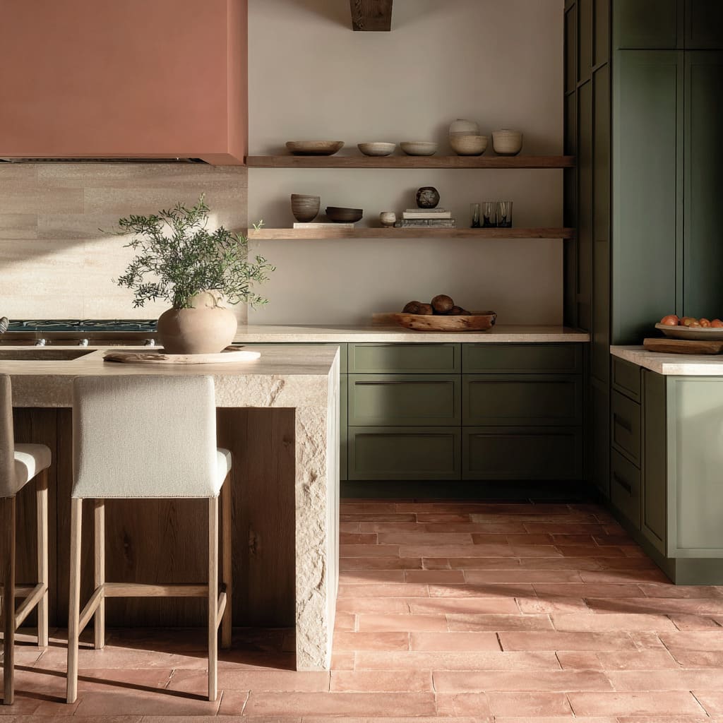 Juniper-green kitchen design with long terracotta plank flooring, light stone island with rough edge, timber shelves Juniper-green kitchen design with long terracotta plank flooring, light stone island with rough edge, timber shelves