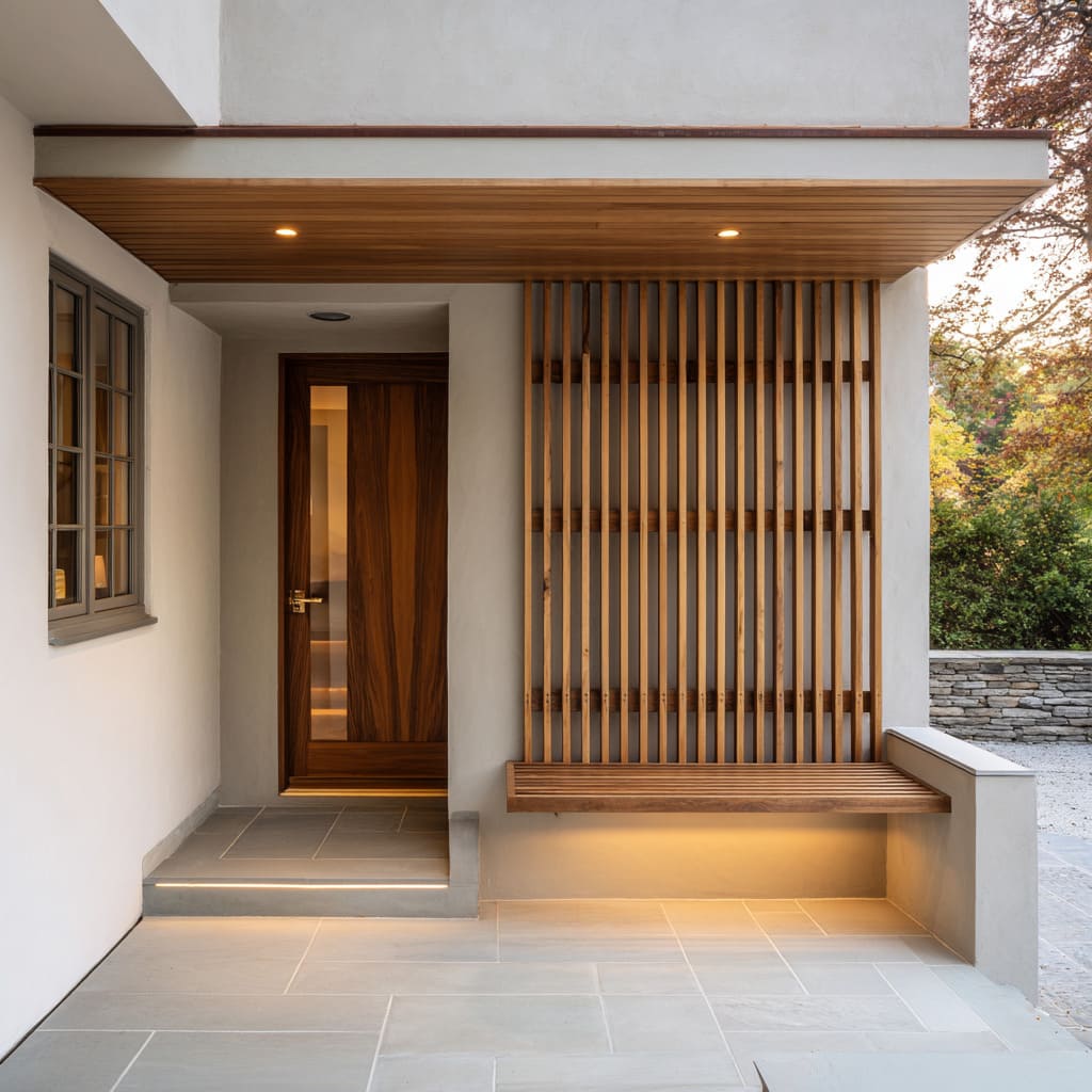 L-shaped modern entry design with vertical oak screen, walnut door, floating slatted bench, soft layered lighting