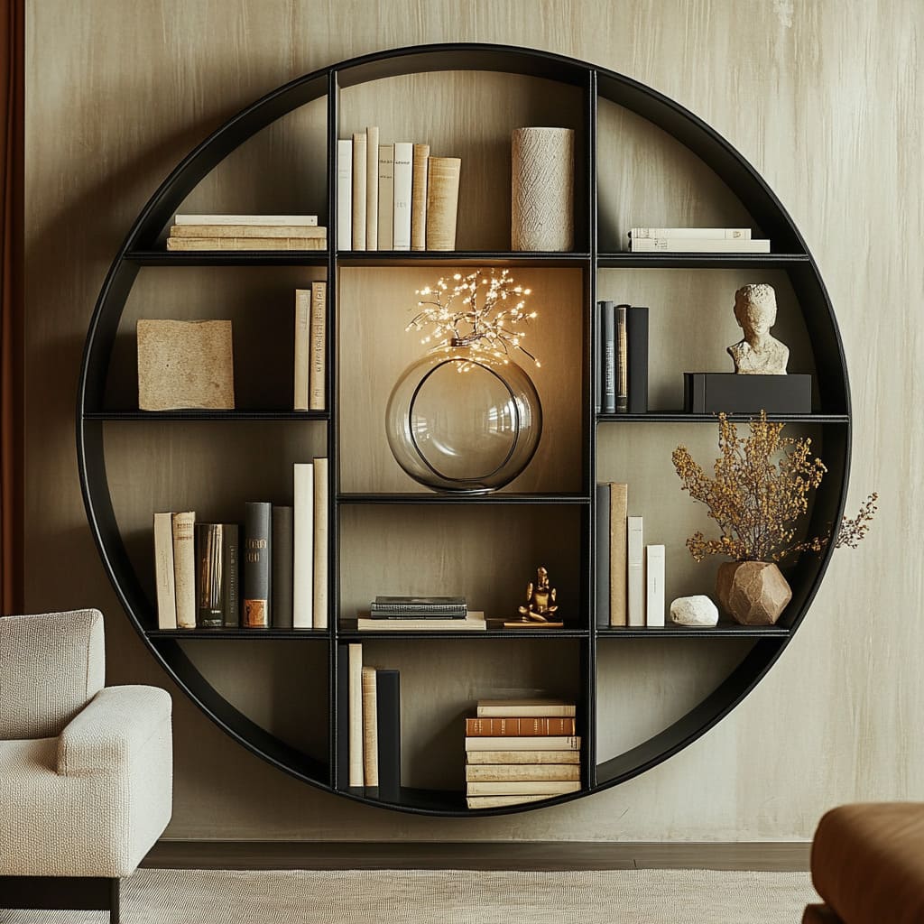 Large circular black shelving unit design divided into geometric compartments with cream and stone-toned books, ceramics, a glowing glass vessel with tiny lights Large circular black shelving unit design divided into geometric compartments with cream and stone-toned books, ceramics, a glowing glass vessel with tiny lights