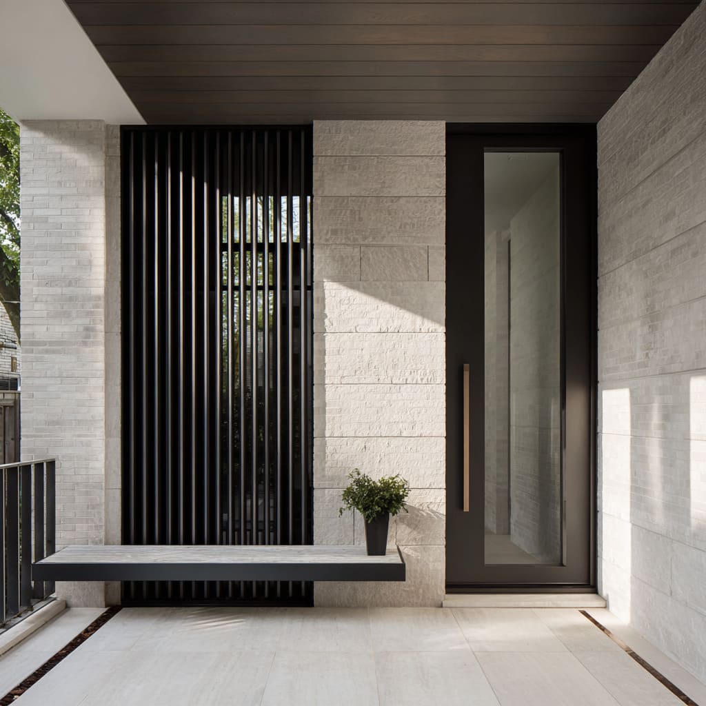 Layered modern porch design featuring rough-cut stone, vertical black blade screen, floating concrete bench