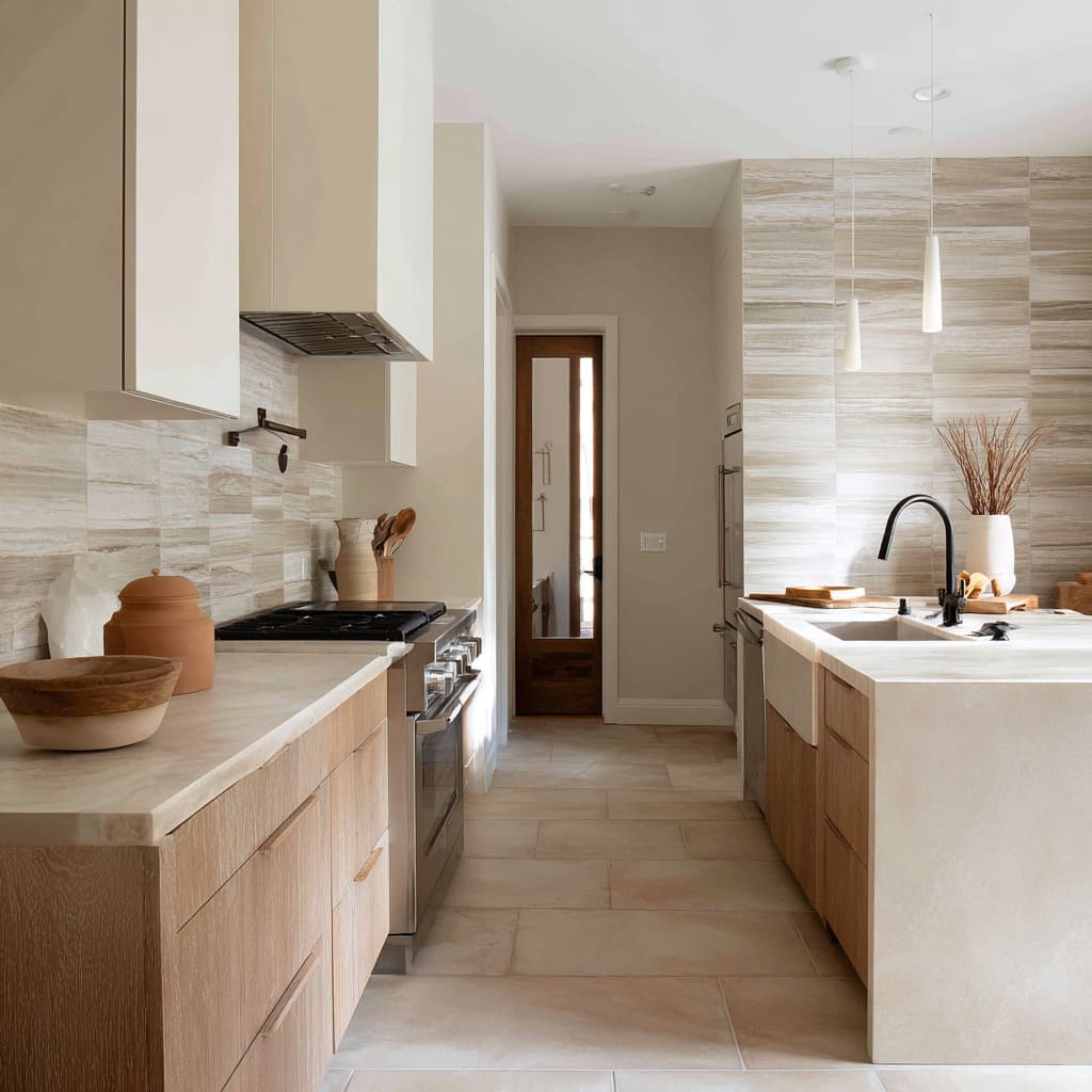Layered sand kitchen design with mottled tile flooring, warm oak lowers, cream uppers, striped stone backsplash, pale stone island Layered sand kitchen design with mottled tile flooring, warm oak lowers, cream uppers, striped stone backsplash, pale stone island