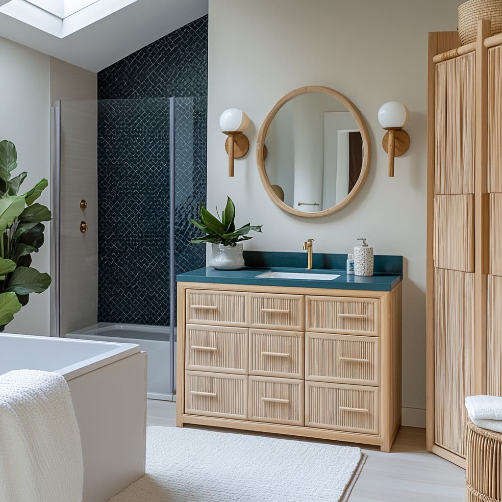 Light-filled mid-century design with ribbed reed-textured vanity, matte teal counter, warm brass faucet Light-filled mid-century design with ribbed reed-textured vanity, matte teal counter, warm brass faucet