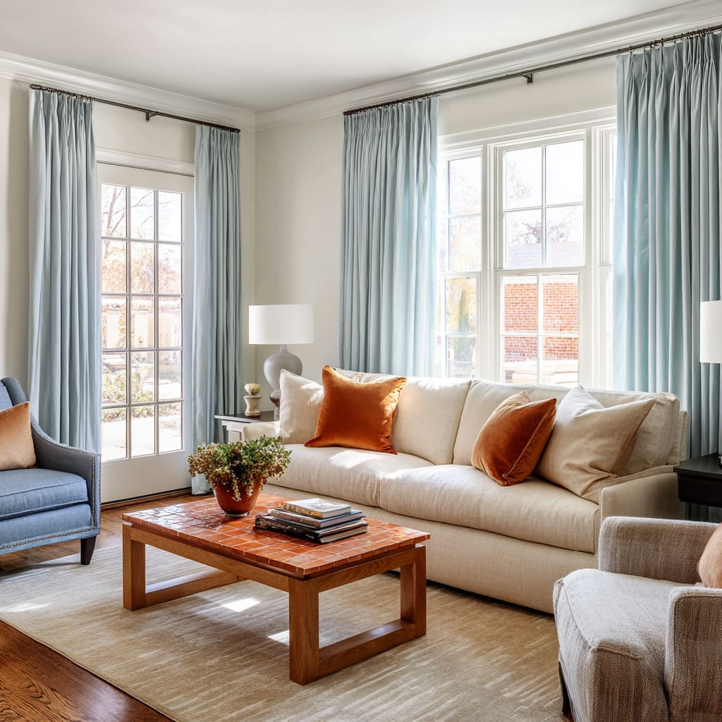 Light living room design with powder-blue curtains, cream sofa with terracotta pillows, blue accent chair, tiled terracotta coffee table Light living room design with powder-blue curtains, cream sofa with terracotta pillows, blue accent chair, tiled terracotta coffee table