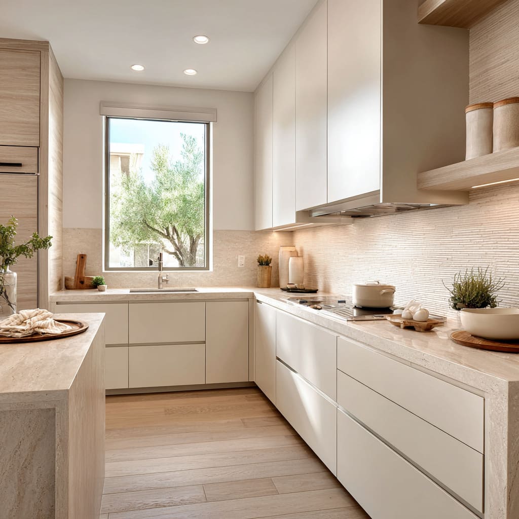Linen-sand kitchen ideas with a large centered window, soft white and driftwood cabinetry, fine linear backsplash Linen-sand kitchen ideas with a large centered window, soft white and driftwood cabinetry, fine linear backsplash