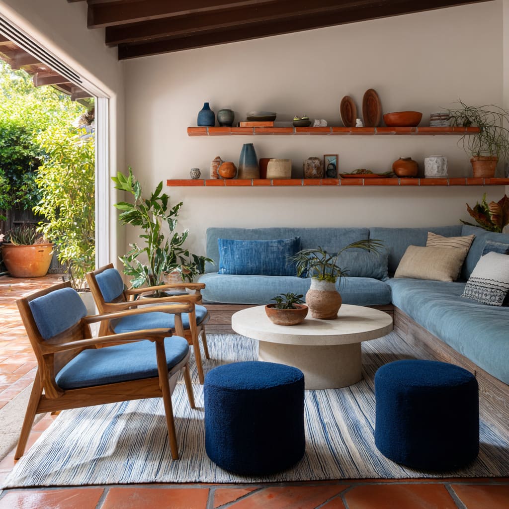 Living room design with terracotta tiled floor, striped blue and white rug, long soft blue bench sofa with varied cushions, mid-century wood armchairs Living room design with terracotta tiled floor, striped blue and white rug, long soft blue bench sofa with varied cushions, mid-century wood armchairs