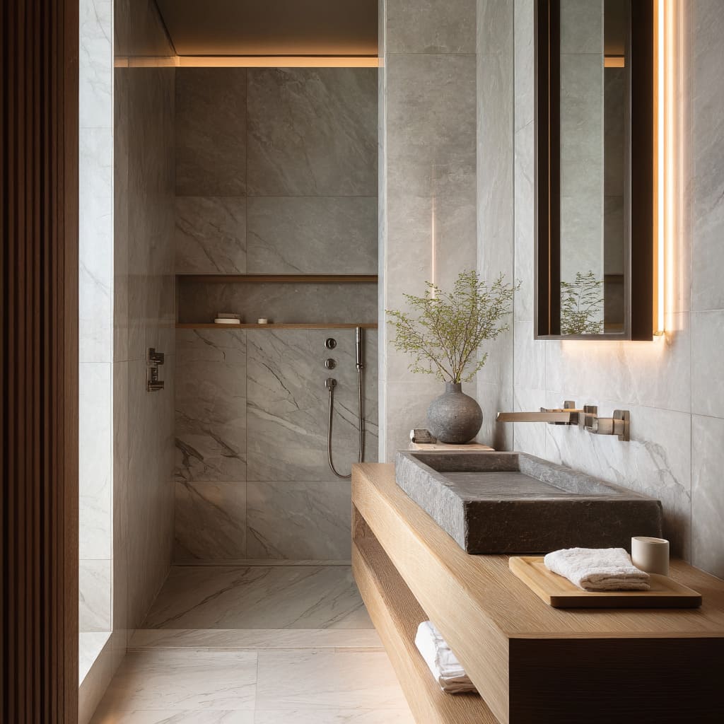 Long marble and oak gallery bathroom ideas with rough stone trough sink, continuous ceiling cove light