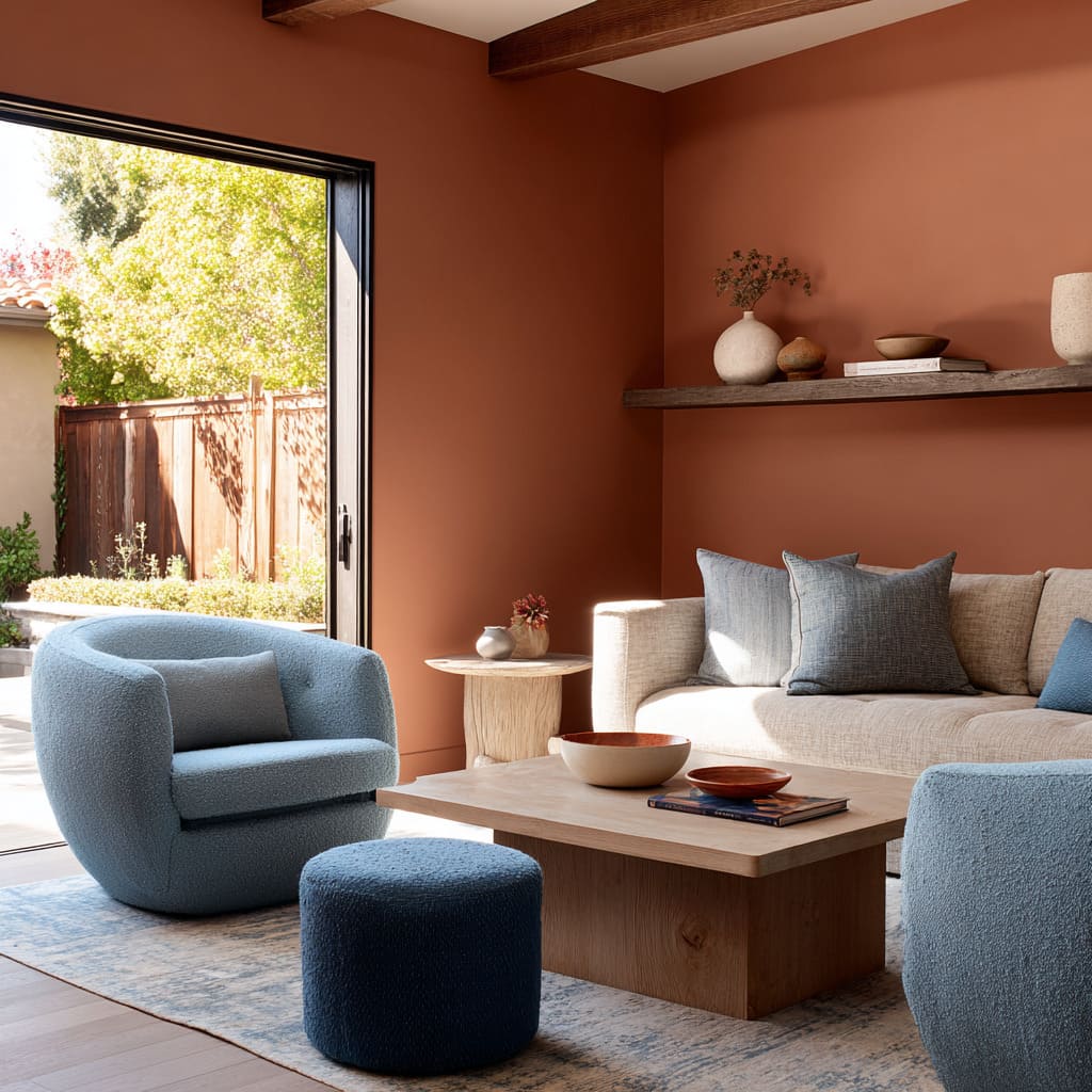 Lounge concept with full terracotta walls, oatmeal sofa with blue cushions, sculptural pale blue lounge chair Lounge concept with full terracotta walls, oatmeal sofa with blue cushions, sculptural pale blue lounge chair
