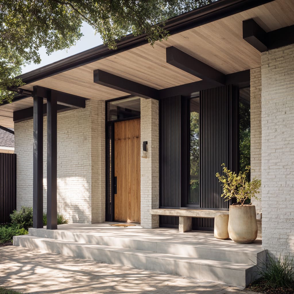 Low modern porch idea with bold black beams, fine slatted screen, natural wood door, thick concrete landing