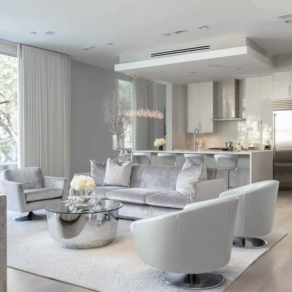Luxury silver front room inspo with mirror drum table, pearl leather swivel chairs, crushed velvet sofa
