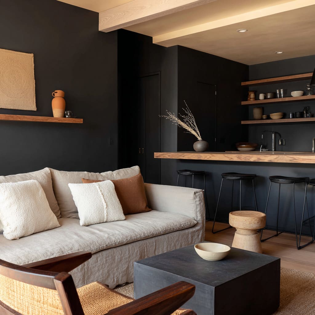 Matte charcoal-wrapped modern boho front room design with pale linen sofa, warm timber floating shelf Matte charcoal-wrapped modern boho front room design with pale linen sofa, warm timber floating shelf