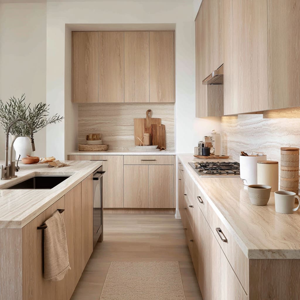 Matte oak-sand kitchen ideas with vertical grain cabinets, soft cream-beige stone, muted ceramics, black tray accents Matte oak-sand kitchen ideas with vertical grain cabinets, soft cream-beige stone, muted ceramics, black tray accents