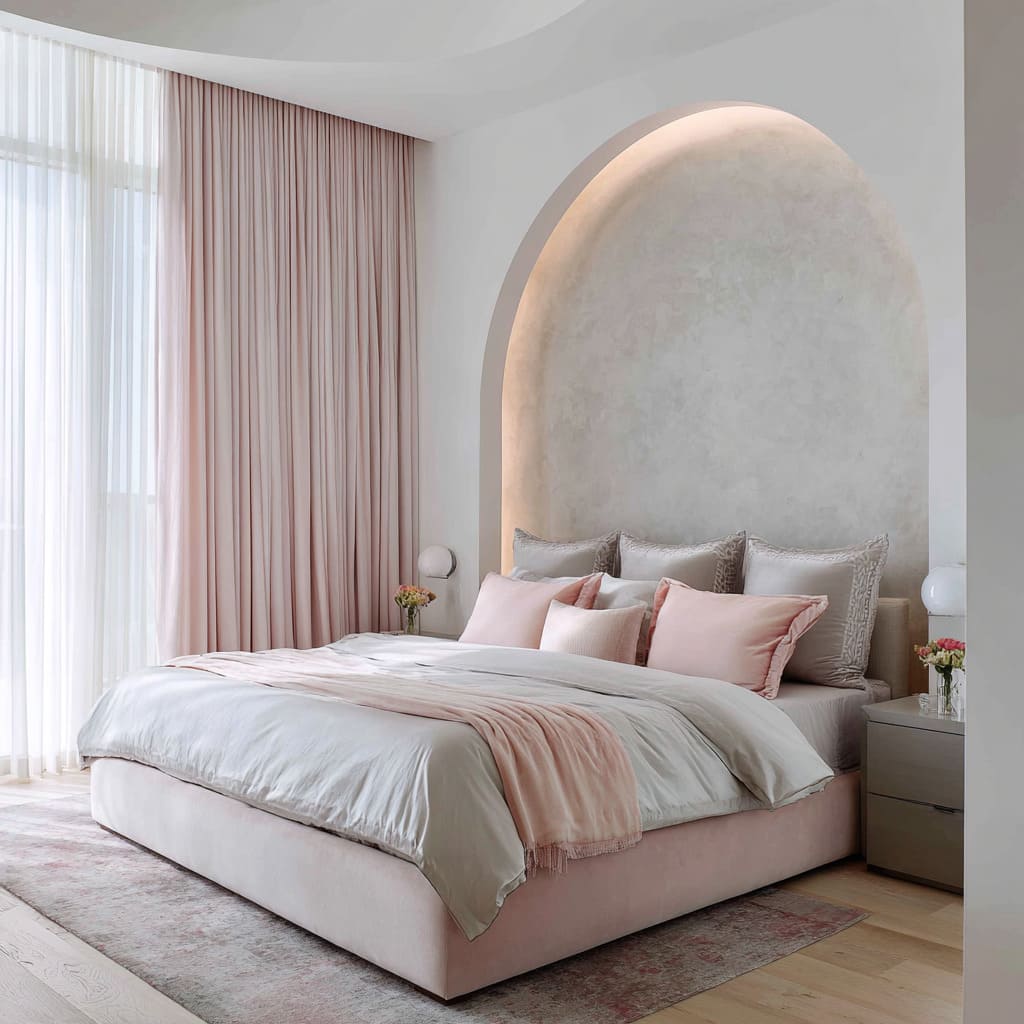 Mediterranean-hushed blush and silver bedroom concept with an illuminated plaster arch, full blush drapery