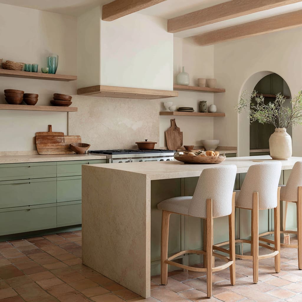 Mediterranean-inspired kitchen ideas with small terracotta floor tiles, muted sage cabinets, pale stone island, pale timber beams Mediterranean-inspired kitchen ideas with small terracotta floor tiles, muted sage cabinets, pale stone island, pale timber beams