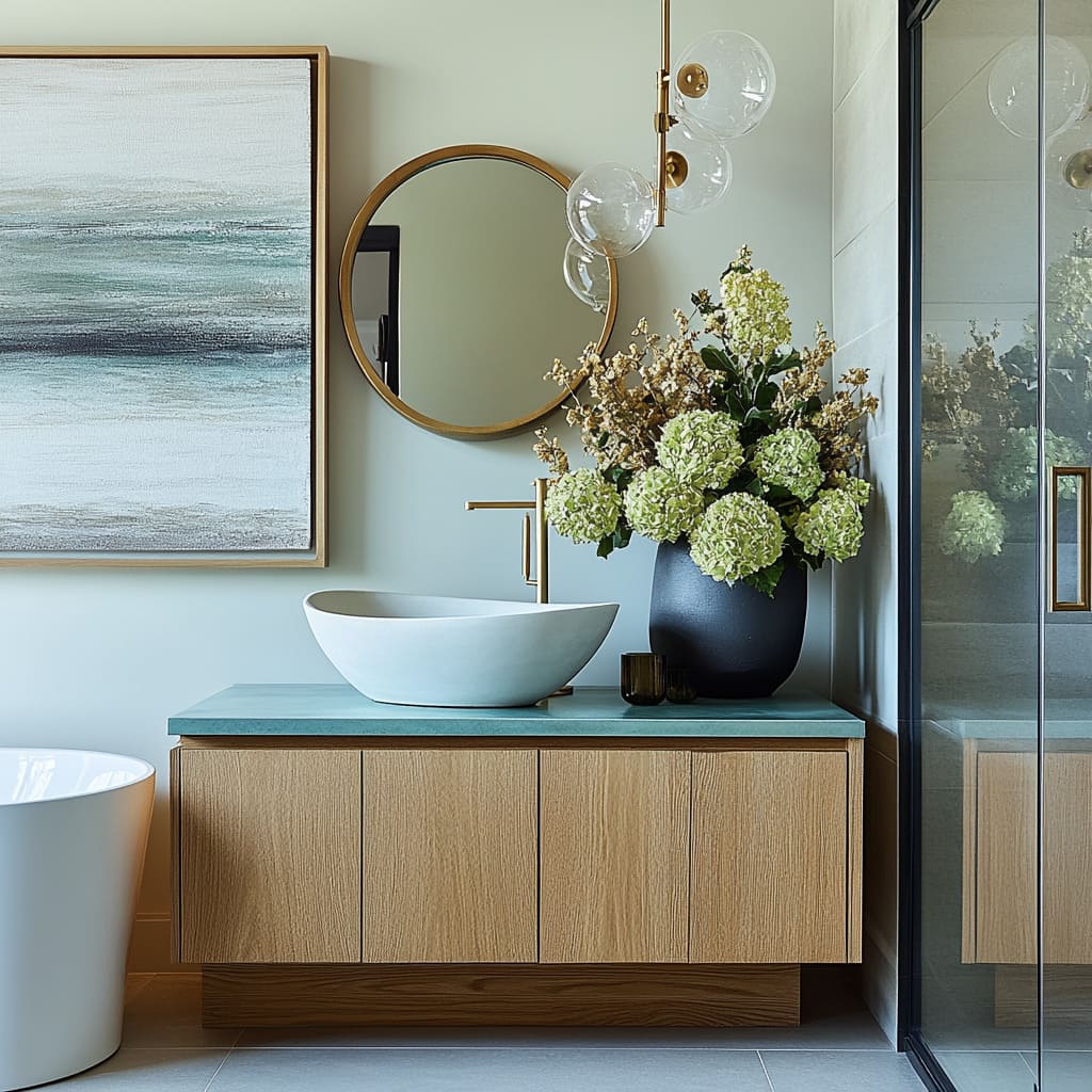 Mid-century bathroom design featuring a floating oak vanity, teal countertop, large abstract wall art, oval brass mirror Mid-century bathroom design featuring a floating oak vanity, teal countertop, large abstract wall art, oval brass mirror