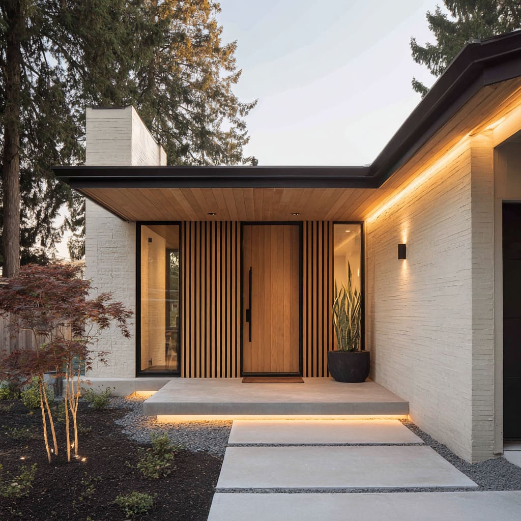 Mid-century-inspired entry design with cedar-lined ceiling, alternating black and natural slats, oak pivot door, continuous LED under landing