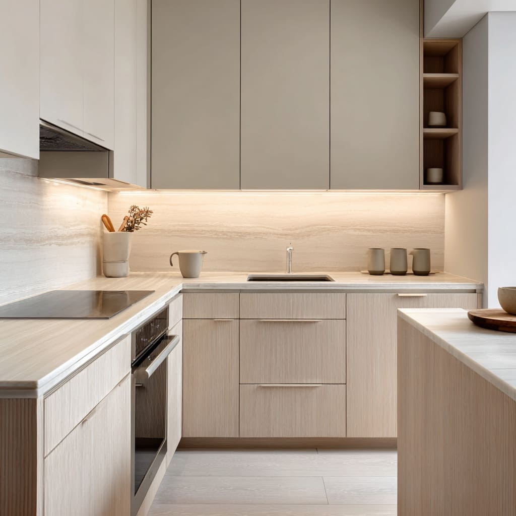 Mineral sand kitchen ideas with pale oat wood cabinets, ribbed lower fronts, horizontal stone backsplash, warm lighting, subtle accessories Mineral sand kitchen ideas with pale oat wood cabinets, ribbed lower fronts, horizontal stone backsplash, warm lighting, subtle accessories