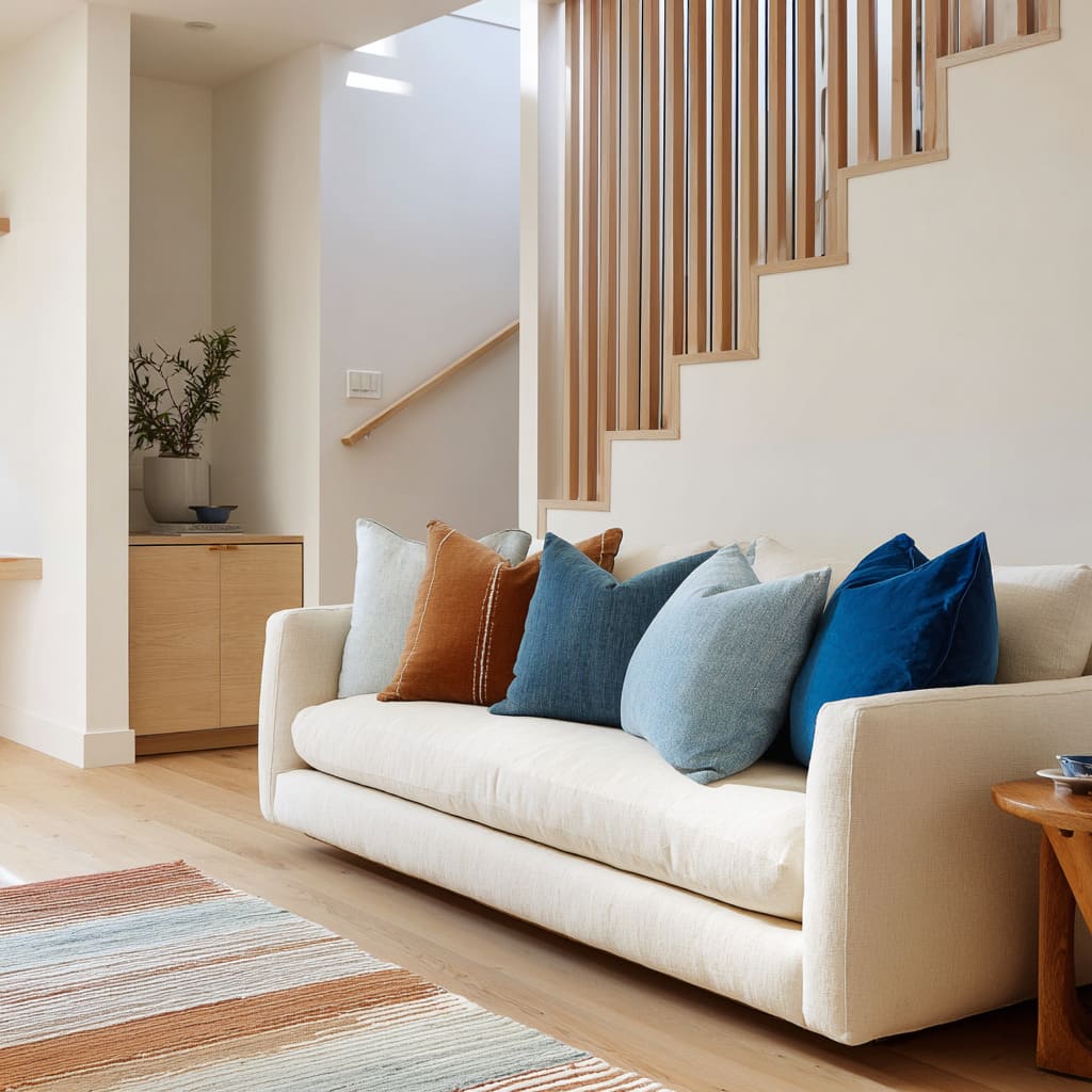 Minimal living room concept with pale wood floors, white sofa, gradient cushions shifting from terracotta to blue Minimal living room concept with pale wood floors, white sofa, gradient cushions shifting from terracotta to blue