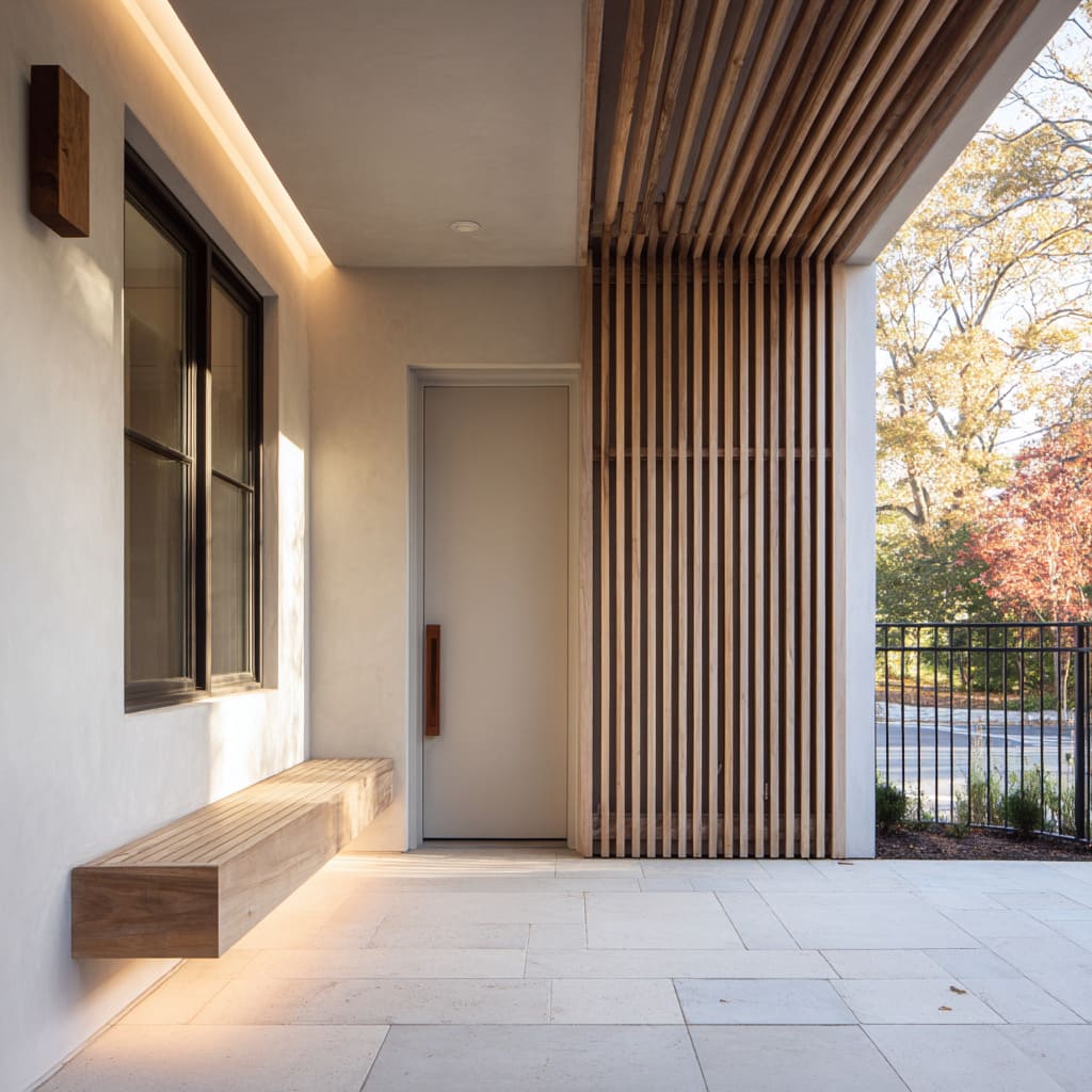 Minimal stucco porch inspo defined by continuous ceiling cove lighting, floating ribbed timber bench