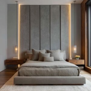 Minimalist Modern Luxury Master Bedroom with Slat & Grid Feature Wall