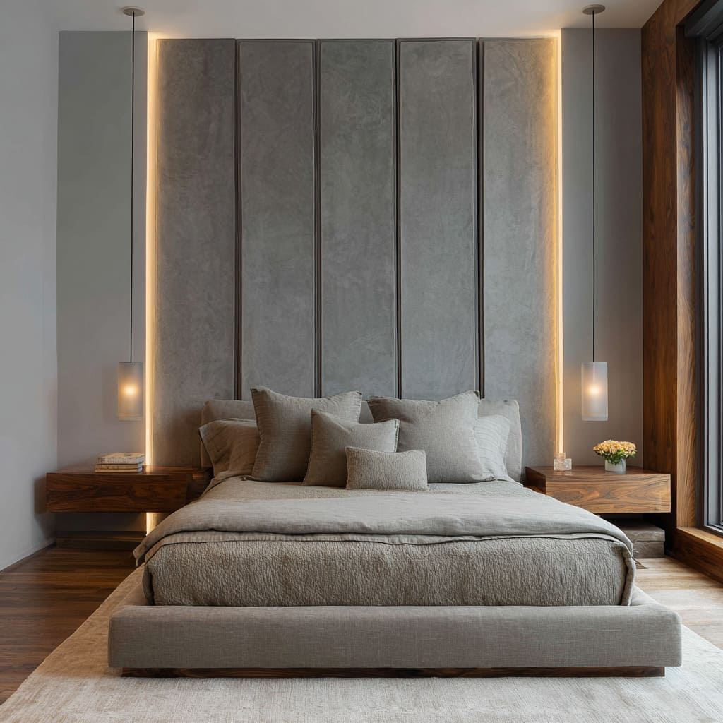 Minimalist Modern Luxury Master Bedroom with Slat & Grid Feature Wall