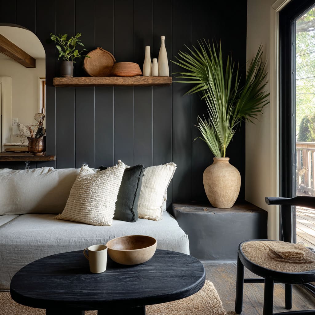 Modern dark boho living room idea featuring a charcoal fluted wall, warm timber shelf with pottery, pale neutral sofa