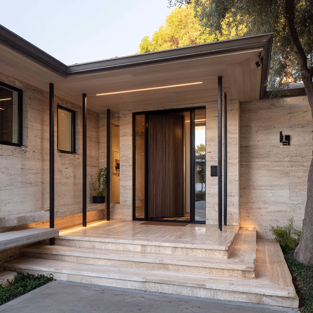 Modern front porch concept with pale travertine wrapping stairs, landing, and walls, bronze posts for rhythm
