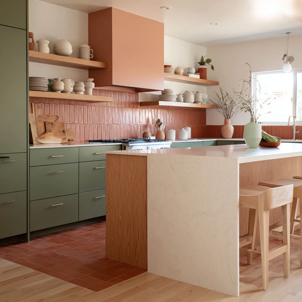 Modern kitchen concept with terracotta floor insert, glossy vertical terracotta backsplash tiles, pale stone-and-oak island Modern kitchen concept with terracotta floor insert, glossy vertical terracotta backsplash tiles, pale stone-and-oak island