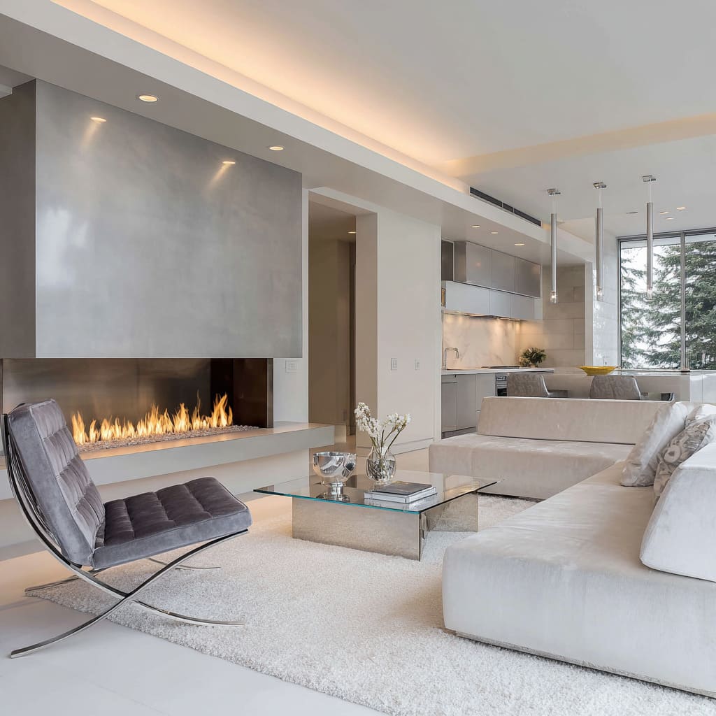 Modern luxury silver living room concept with brushed-metal fireplace hood, ribbon wall