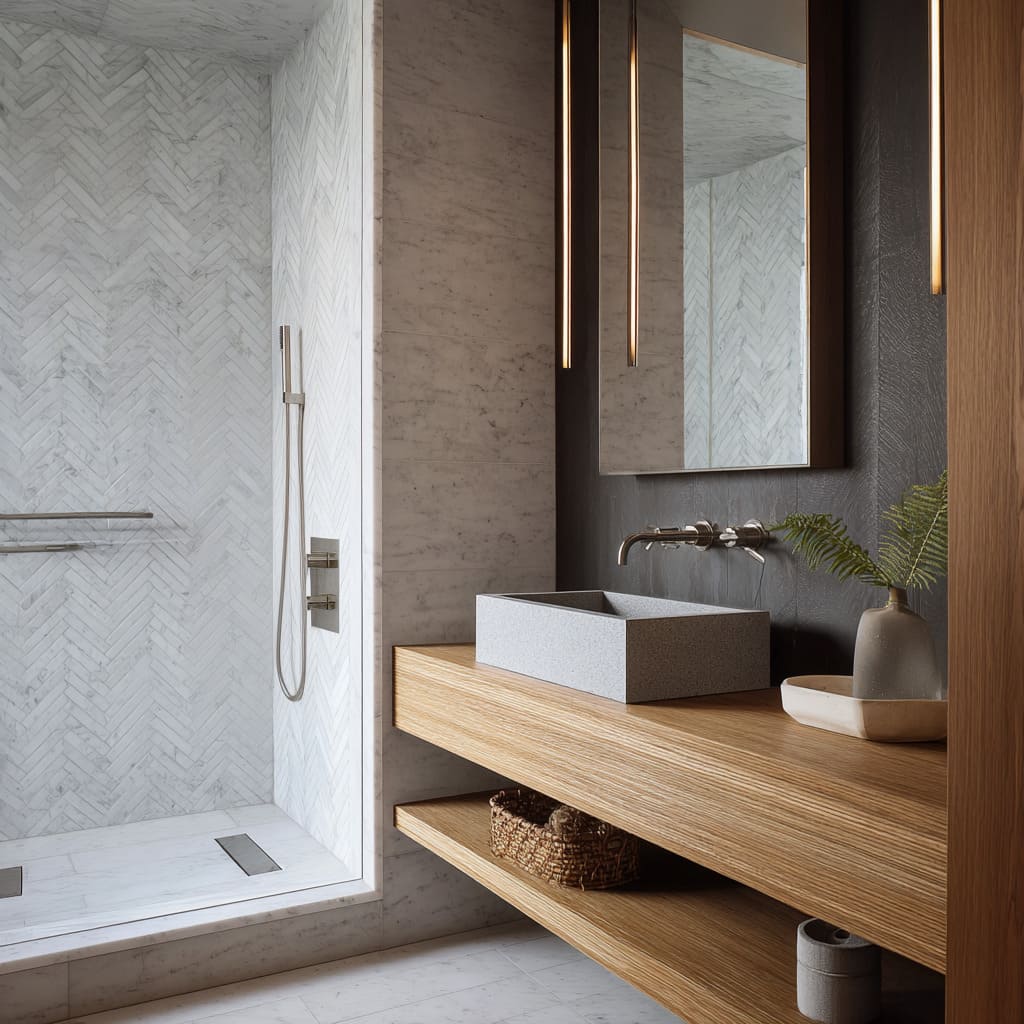 Modern marble and oak bathroom design with warm horizontal wood shelf, terrazzo vessel, brushed metal spout