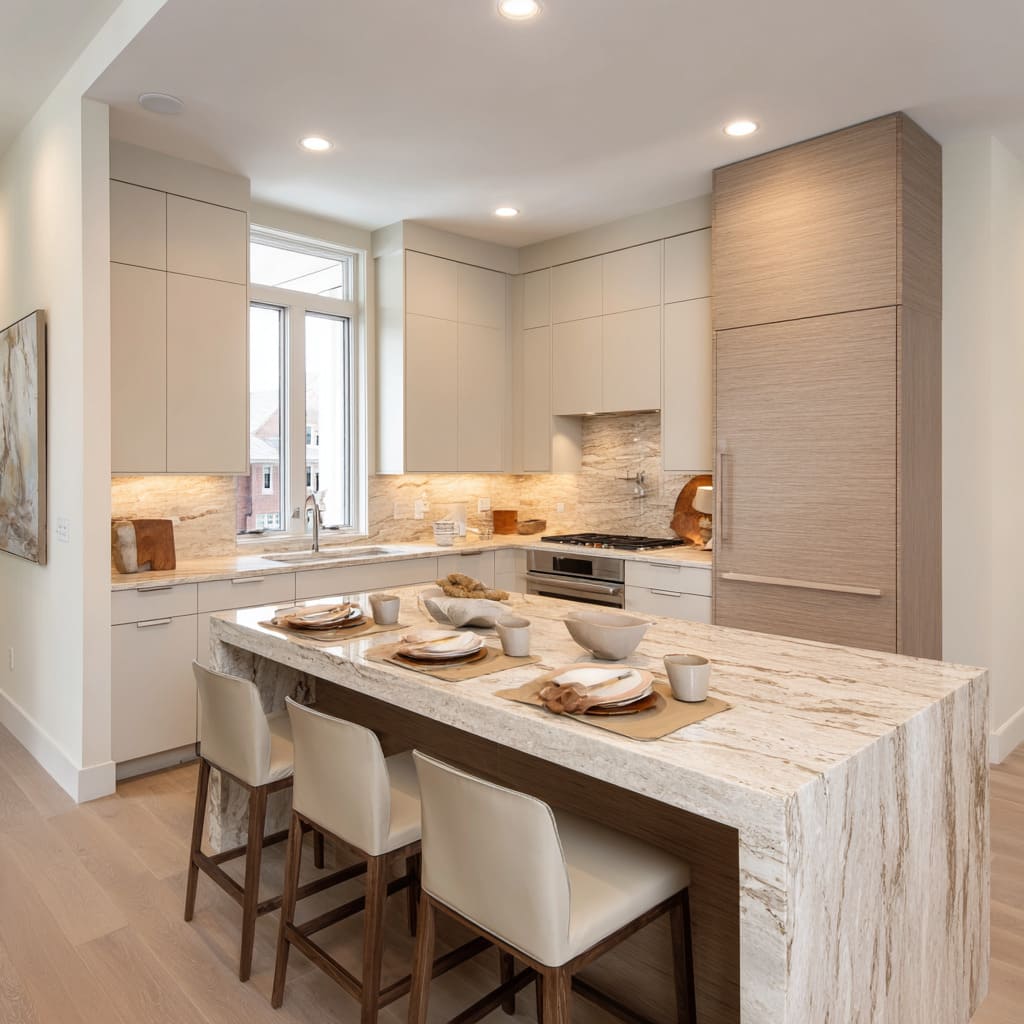 Modern sand kitchen concept featuring a stone waterfall island with long taupe veining, cool limestone cabinetry, wood-framed tall storage Modern sand kitchen concept featuring a stone waterfall island with long taupe veining, cool limestone cabinetry, wood-framed tall storage
