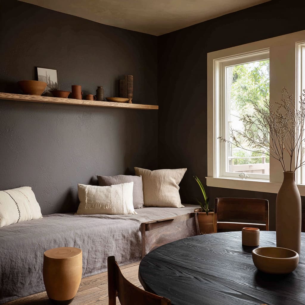 Moody clay family room ideas with textured linen bench, soft neutral pillows, floating wood shelf styled with earthy pottery Moody clay family room ideas with textured linen bench, soft neutral pillows, floating wood shelf styled with earthy pottery