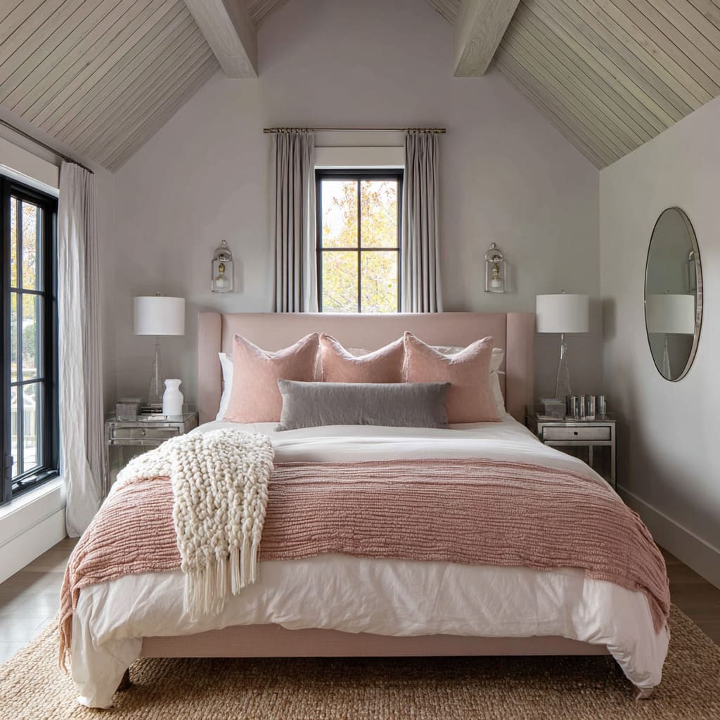 Narrow vaulted bedroom setup with blush headboard under a black-grid window, tiny lantern sconces